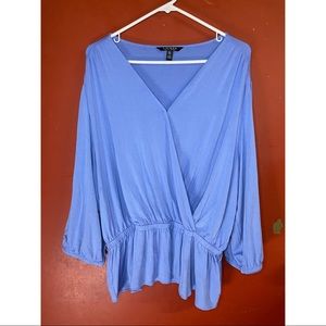 Lauren Ralph Lauren Women’s Plus Size Blue Slouchy Faux-Wrap Long Sleeve Blouse